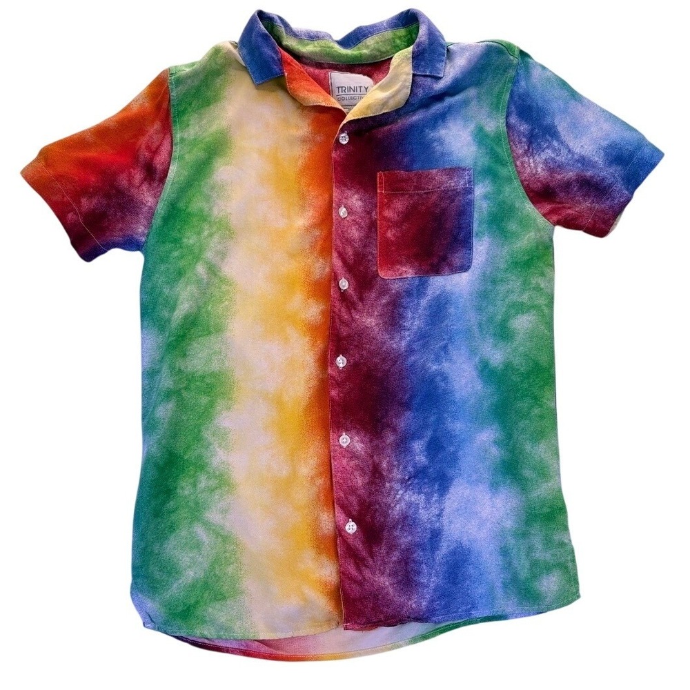 Trinity Collective Mens Rainbow Tie Dye Camp Short Sleeve Button Down Shirt S